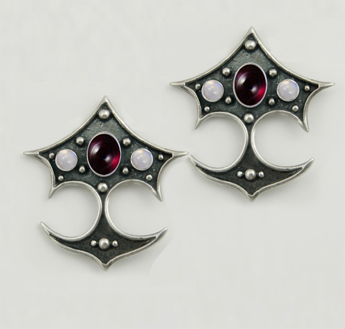 Sterling Silver Gothic Drop Dangle Earrings With Garnet And Rainbow Moonstone